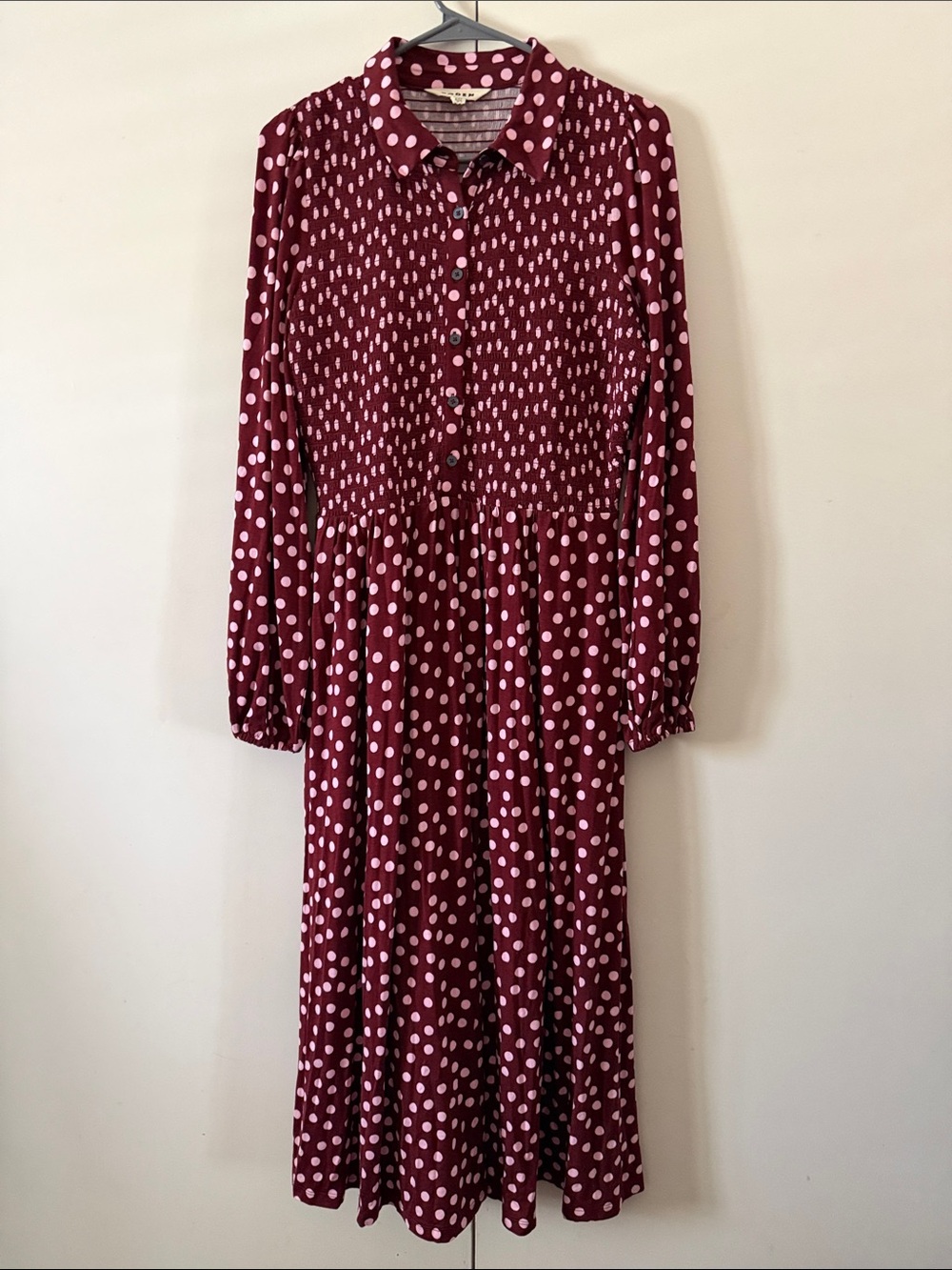 Boden Burgundy Long-Sleeve Polka Dot Midi Dress